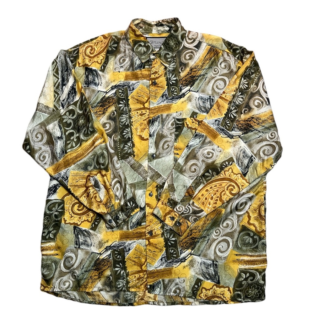 Bruno Men’s Vintage Button‎ Down Long Sleeve Abstract Silk Shirt Size Large